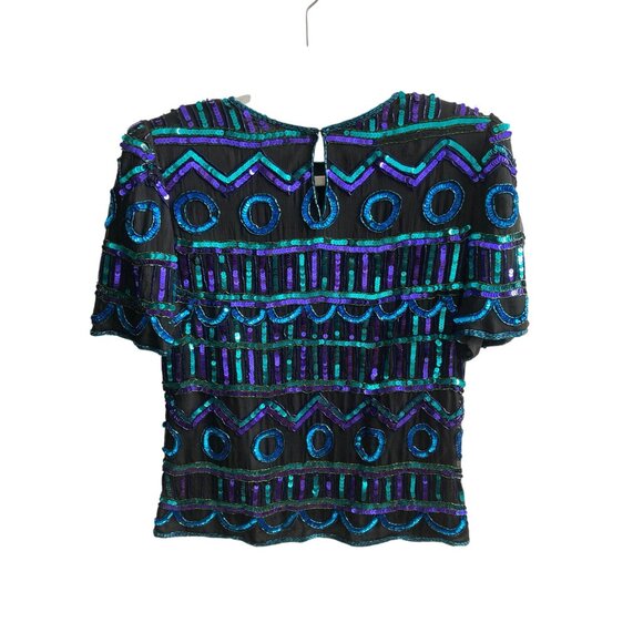 Vintage Laurence Kazar Sequined Silk Top Black Blue Green Short Sleeve Petite Me - Picture 7 of 10